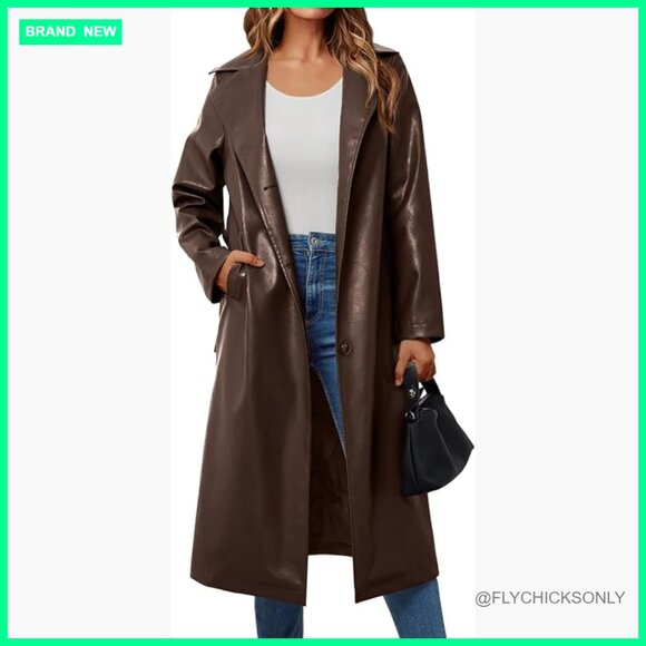 Jackets & Blazers - Faux Leather Long Trench Coat with Belt, Open Front, Knee Length